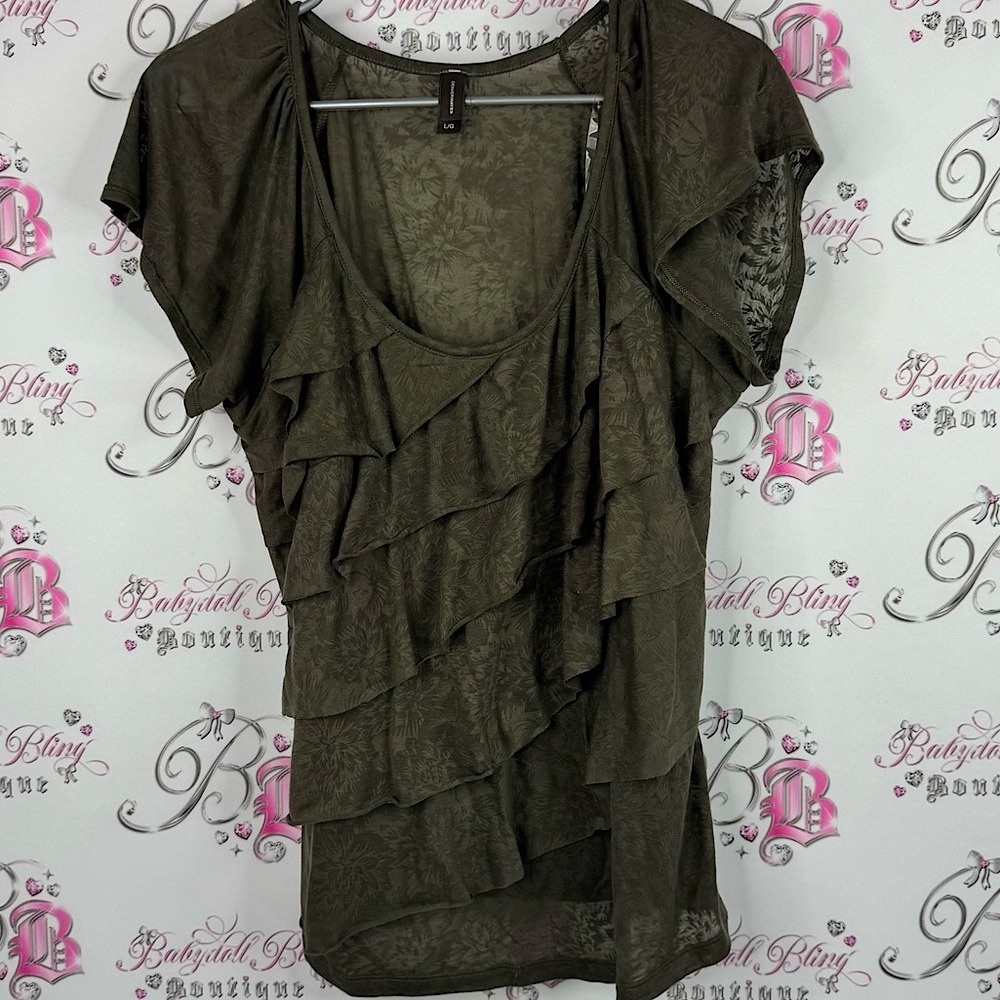 Denver Hayes Olive Ruffle Blouse floral print green grey brown large